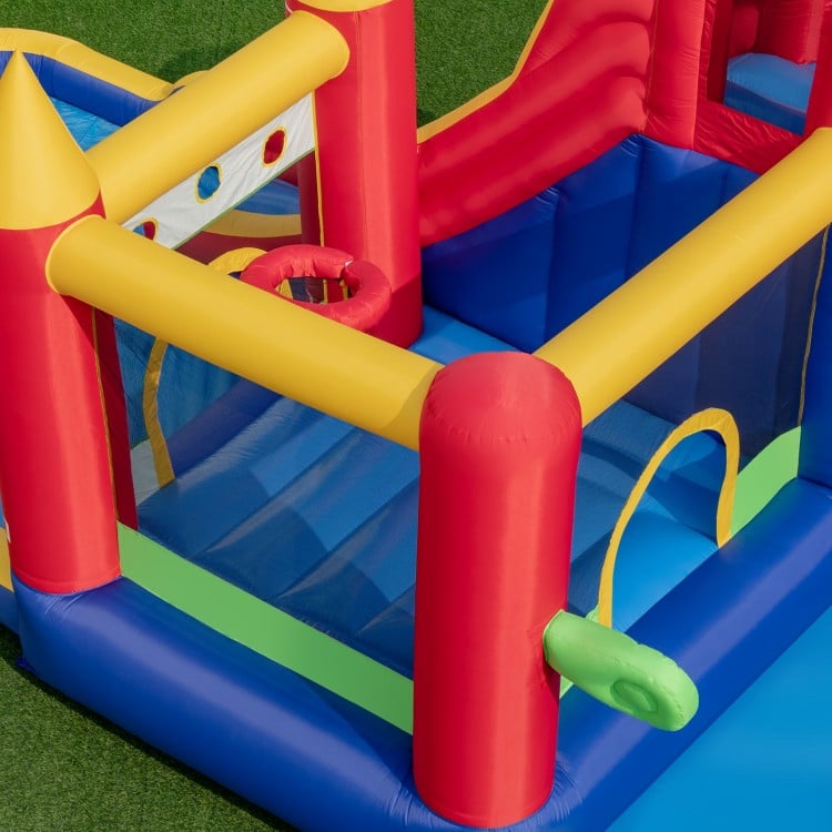 Top view of the 9-in-1 inflatable bounce castle, showcasing the vibrant colors and fun features like the water cannon.