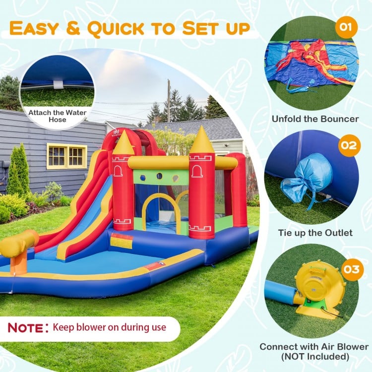 9-in-1 inflatable bounce castle with water slide and splash pool, featuring safety handrails and colorful ocean balls.