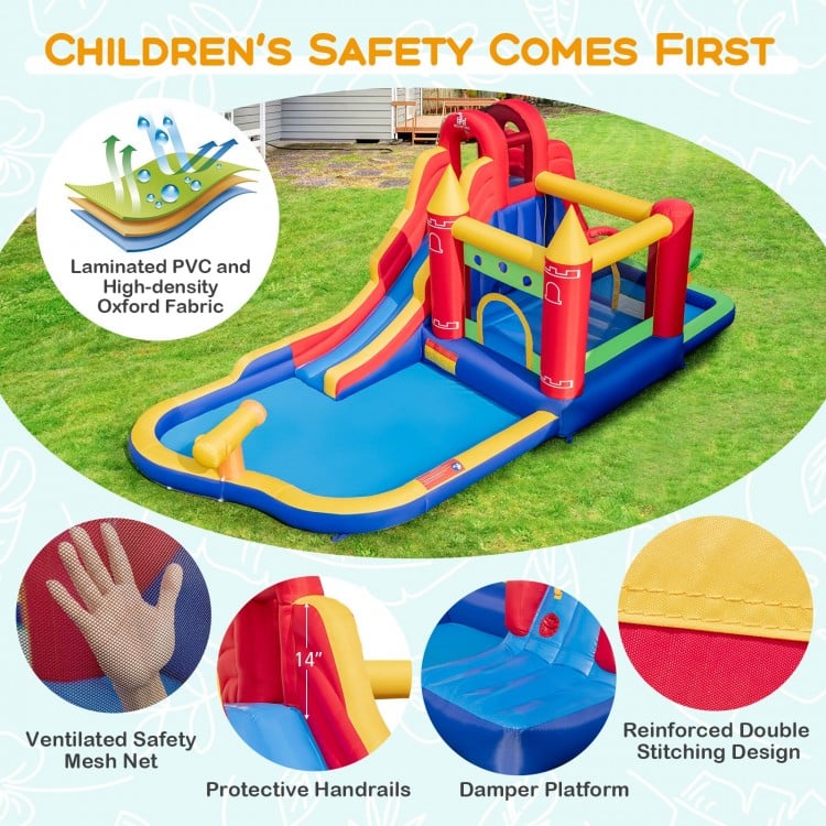 9-in-1 inflatable bounce castle with water slide, splash pool, and safety mesh net for kids' fun and secure play.