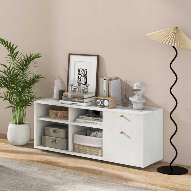 White storage cabinet TV console with 2 drawers and 4 cubes, ideal for entryway or living room organization.