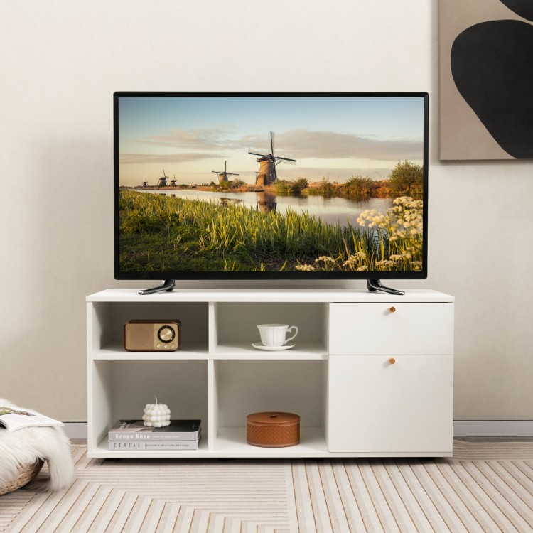 Storage cabinet TV console in white with 2 drawers and 4 cubes, perfect for living room or entryway use.