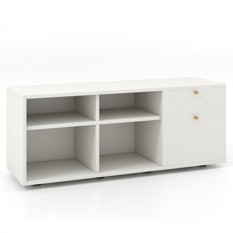 White storage cabinet TV console with 2 drawers and 4 cubes, perfect for entryway or living room organization.