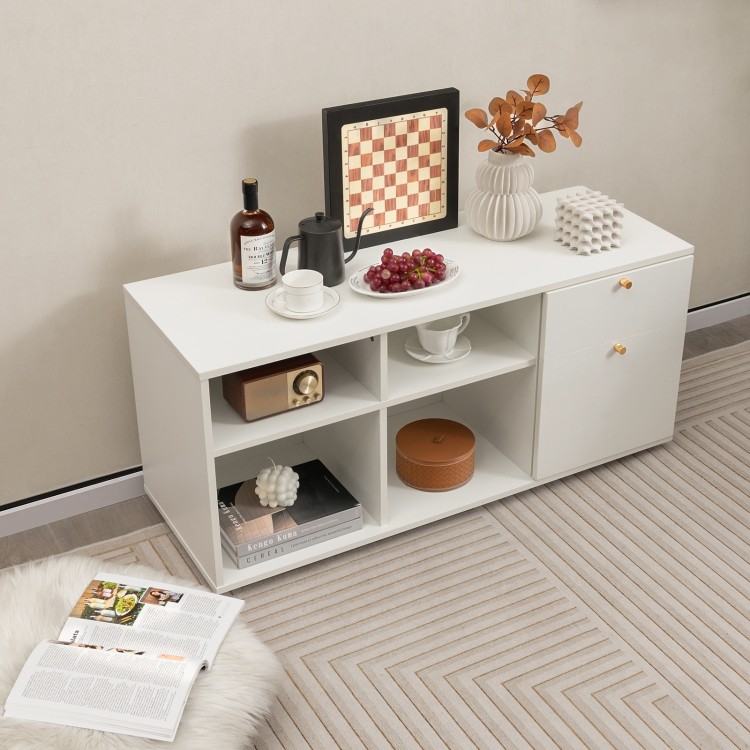 Top view of a white storage cabinet TV console with spacious top, 2 drawers, and 4 cube storage, perfect for display.