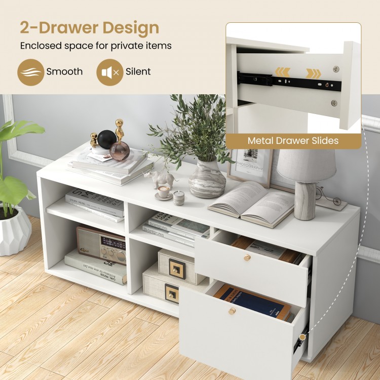 Storage cabinet TV console in white with 2 drawers and 4 cubes, featuring smooth metal drawer slides for versatile use.