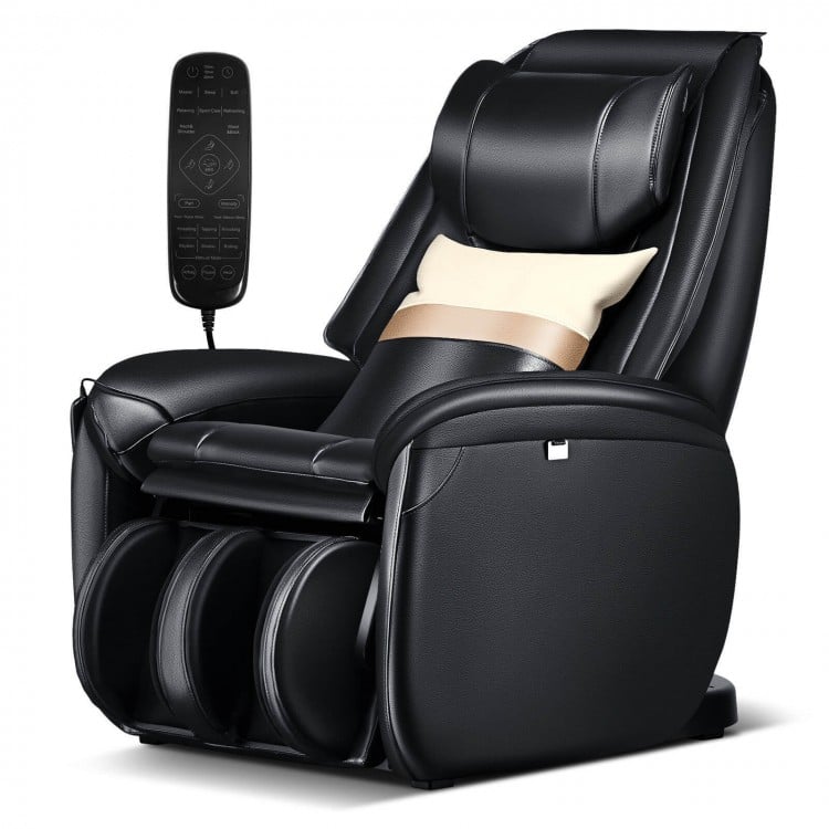 Black Soothe 26 Full Body Zero Gravity Massage Chair with remote and pillow, designed for ultimate relaxation.