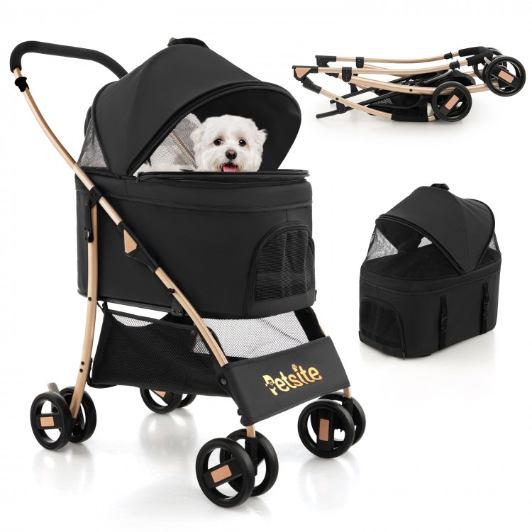 3-in-1 black pet stroller with removable car seat, adjustable canopy, and breathable mesh window for pet comfort.