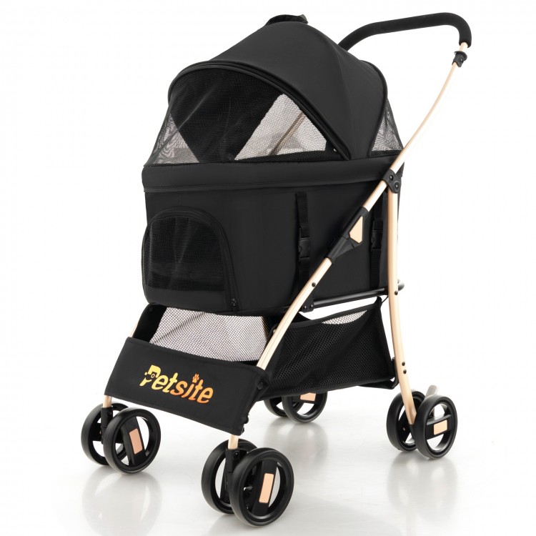 3-in-1 black pet stroller with adjustable canopy, removable carrier, and breathable mesh window for easy pet transport.