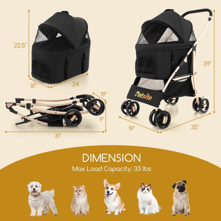 3-in-1 black pet stroller with removable carrier, adjustable canopy, and breathable mesh window for comfortable travel.