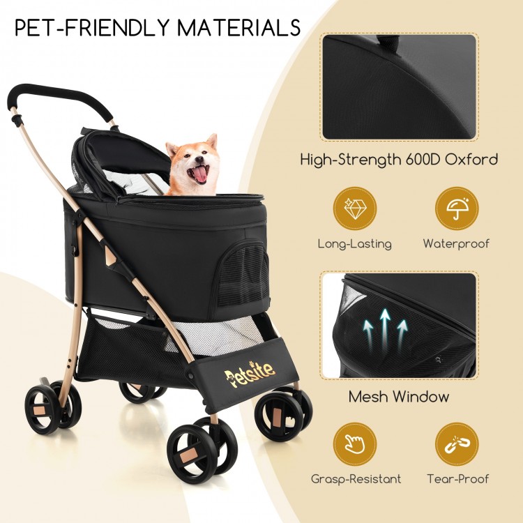 3-in-1 black pet stroller with removable carrier, featuring a breathable mesh window and adjustable canopy for pet.