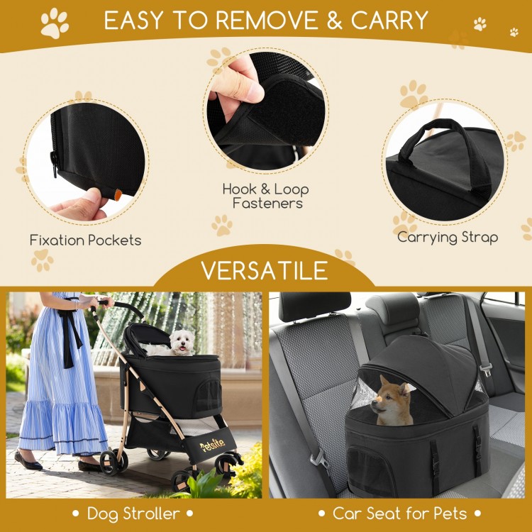 3-in-1 black pet stroller with removable car seat, adjustable canopy, and breathable mesh window for versatile use.