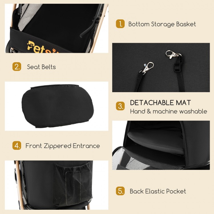 Close-up of the detachable mat for the 3-in-1 black pet stroller, hand and machine washable for easy cleaning.