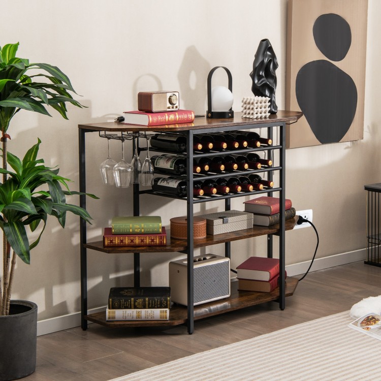 3-tier wine bar cabinet in brown with storage for 21 bottles, glass holders, and charging station for kitchen.