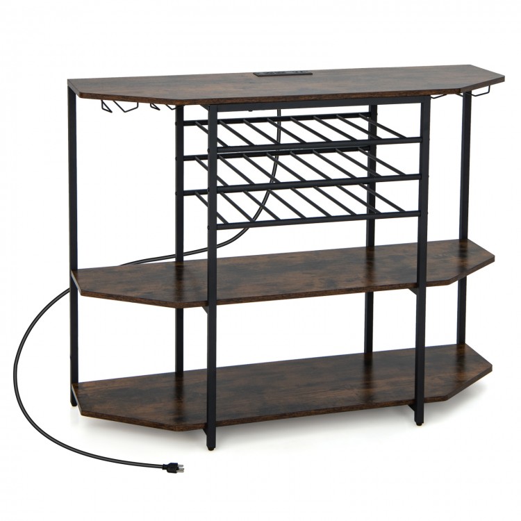 3-tier wine bar cabinet in brown with storage shelves, glass holders, and built-in charging station for kitchen.