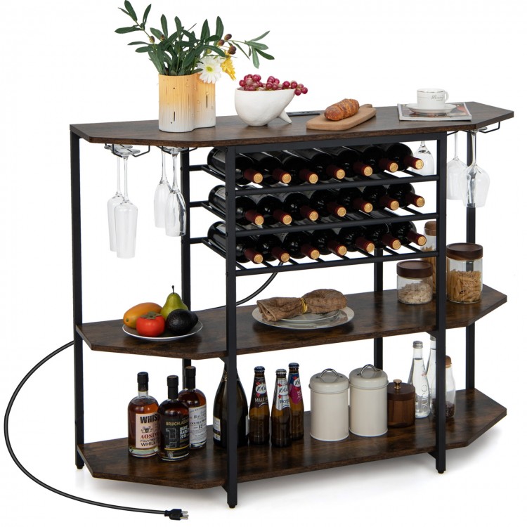 3-tier wine bar cabinet in brown with storage for 21 bottles, glass holders, and built-in charging station.