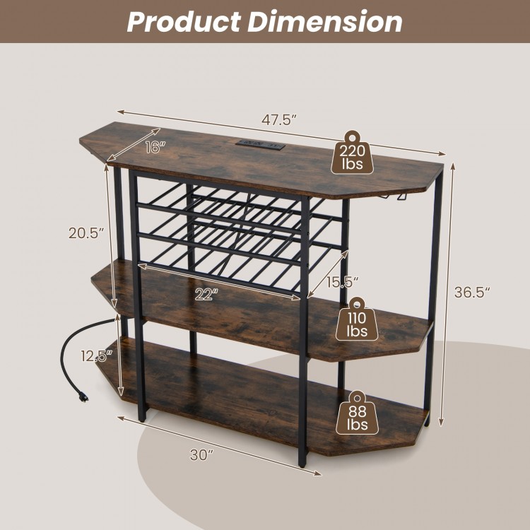 3-tier wine bar cabinet dimensions with storage for 21 bottles, glass holders, and built-in charging station in brown.
