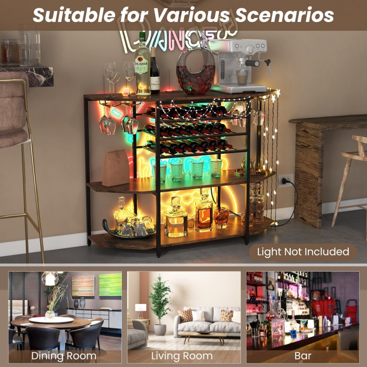3-tier brown wine bar cabinet with storage shelves, holds 21 bottles and 8 glasses, ideal for dining or living room use.