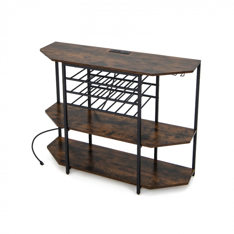 3-tier wine bar cabinet in brown with glass holders, storage for 21 bottles, and built-in charging station.