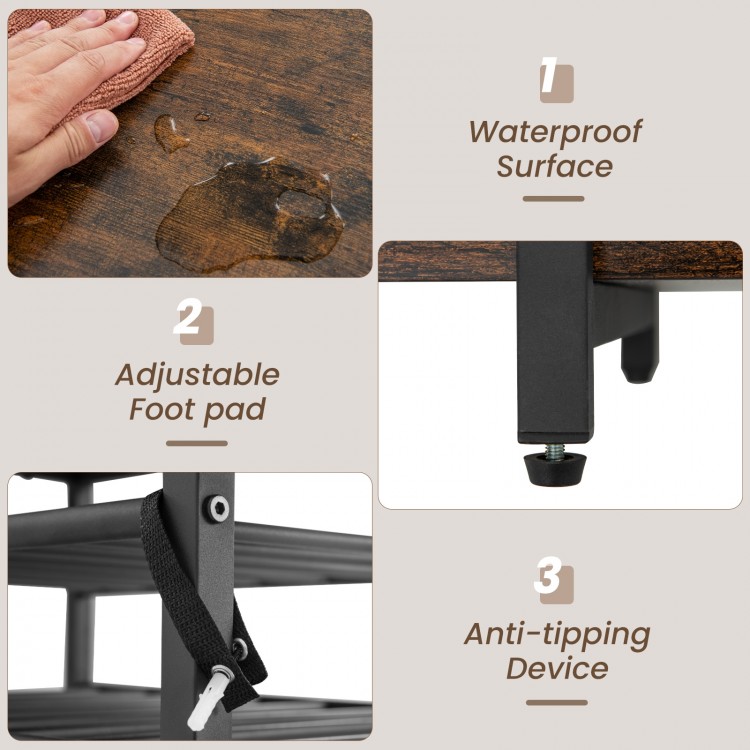 3-tier wine bar cabinet in brown featuring adjustable foot pads, waterproof surface, and anti-tipping device for.