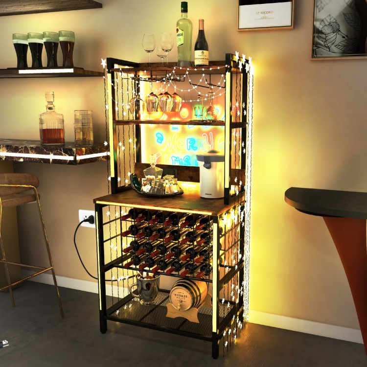 Wine bar cabinet with 4 tier storage shelves, holds 24 bottles and 9 glasses, featuring a wood grain surface for.