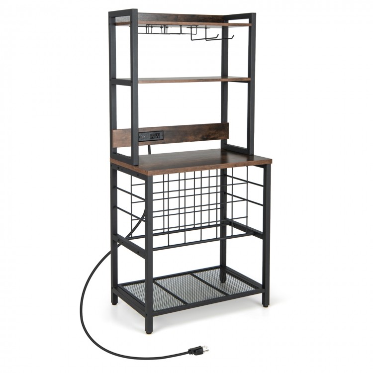 Wine bar cabinet with brown wood grain surface, 4 tier shelves, glass holders, and built-in charging station for.