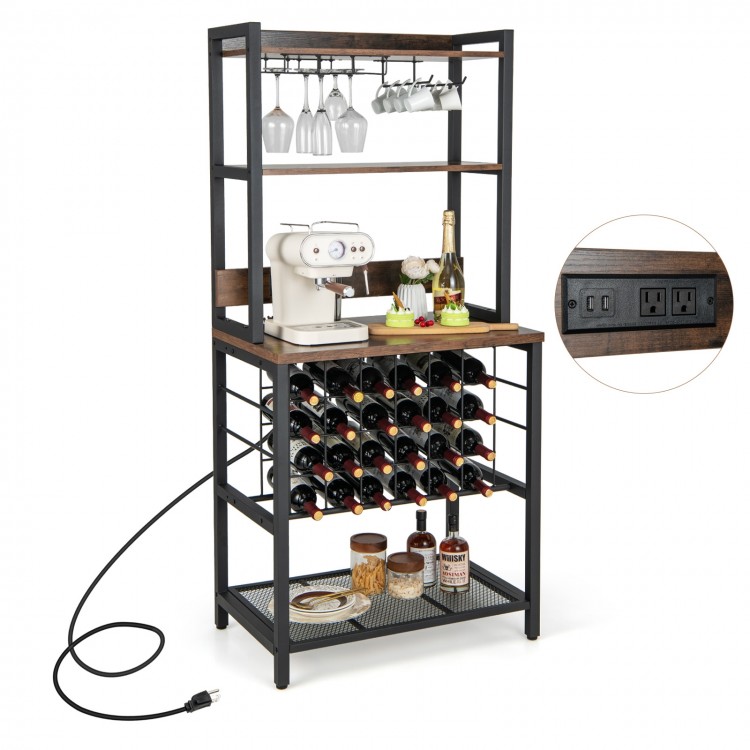 Wine bar cabinet with 4 tier storage shelves, holds 24 bottles and 9 glasses, featuring a wood grain surface and.