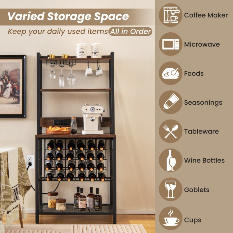 Wine bar cabinet in brown with 4 tier shelves, glass holders, and space for 24 wine bottles, ideal for home.