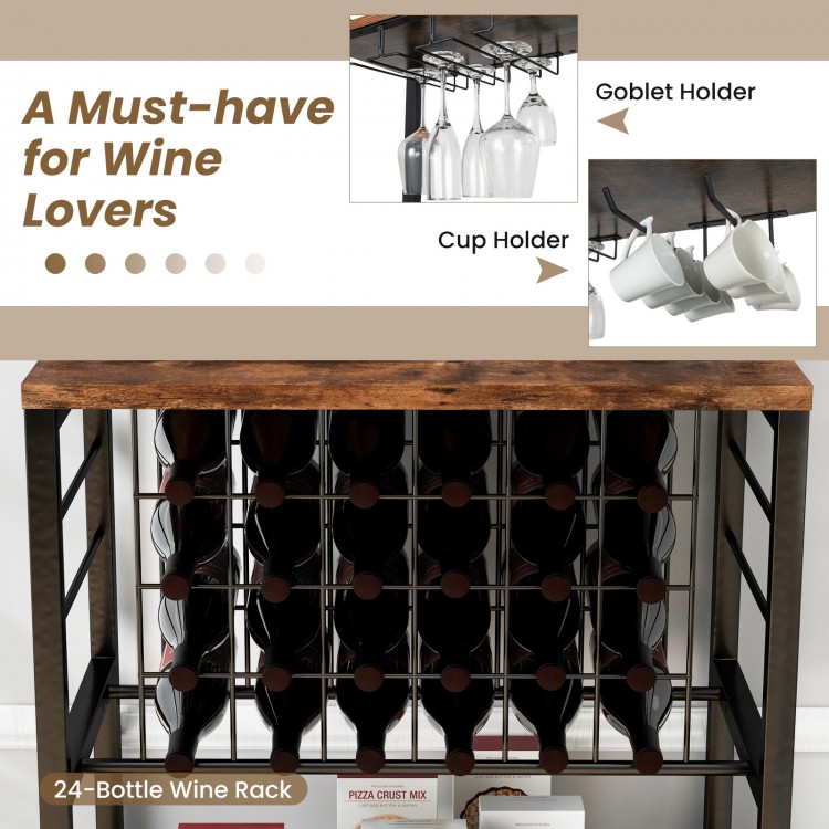 Wine bar cabinet with 4 tier storage, holding 24 bottles and 9 glasses, featuring a brown wood grain surface for.