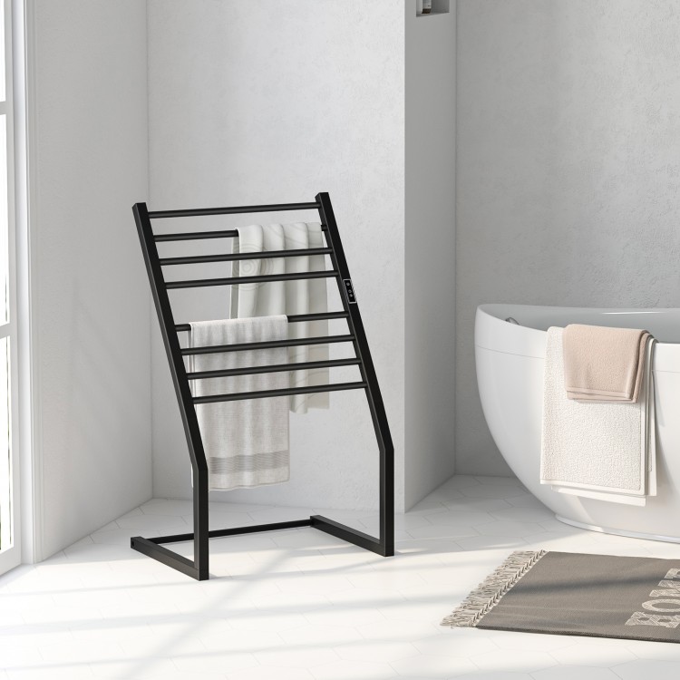 Freestanding black towel warmer rack with 8 bars, LED display, and adjustable temperature for quick heating.