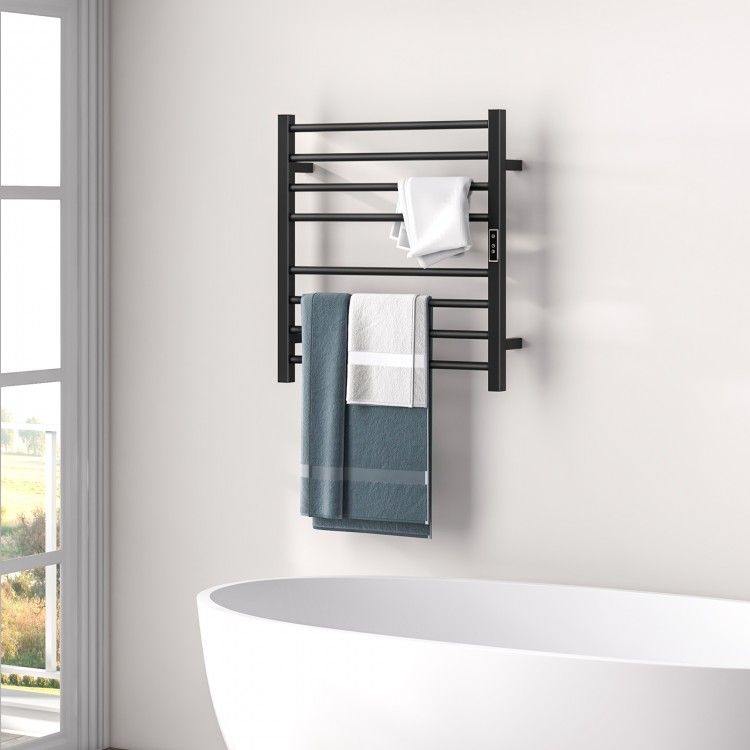 Wall-mounted black towel warmer rack with 8 bars, LED display, and 7-level temperature control for quick heating.