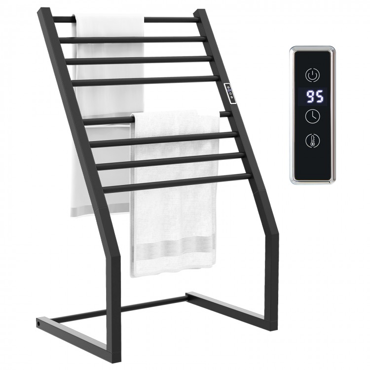 Freestanding black towel warmer rack with 8 bars, LED display, and adjustable temperature control for effective heating.