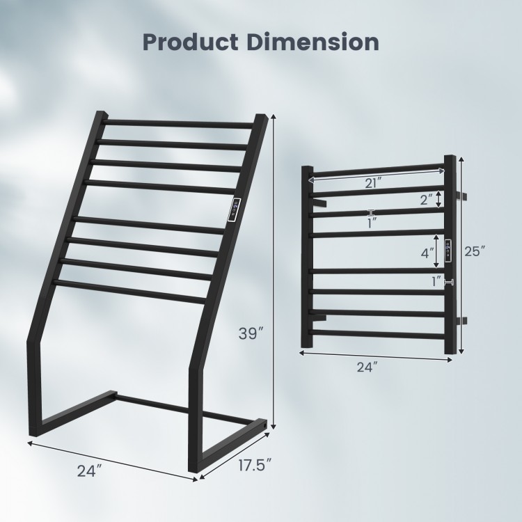 Freestanding towel warmer rack with 8 heating bars, dimensions 39" x 24" x 17.5", featuring LED display and stainless.