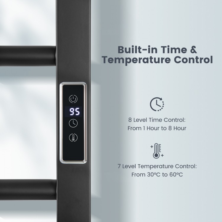Close-up of the LED display showing time and temperature controls for the black stainless steel towel warmer rack.