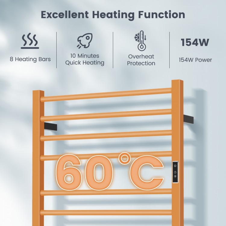 Freestanding towel warmer rack with 8 heating bars, 154W power, and LED display for quick heating and temperature.