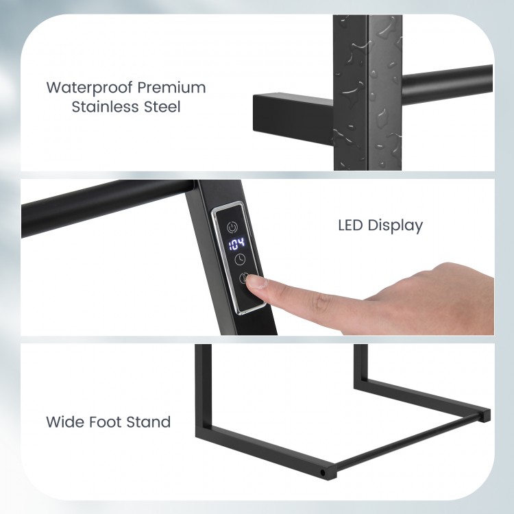 Close-up of the LED display and controls on the 8 Bars Freestanding Towel Warmer Rack, made of waterproof stainless.