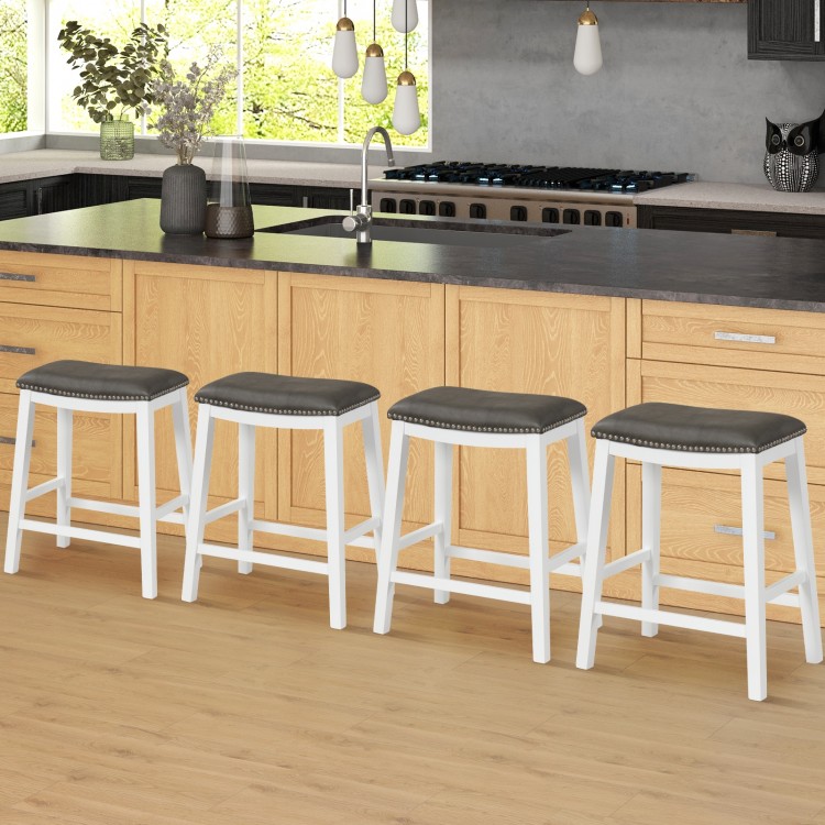 Single gray upholstered counter height bar stool with saddle seat and durable rubber wood frame, perfect for kitchen.