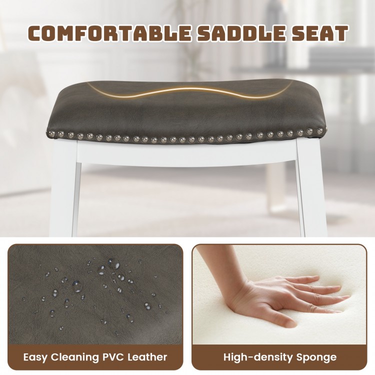 Saddle seat of a 26-inch gray bar stool with water-resistant PVC leather and soft sponge for comfort.