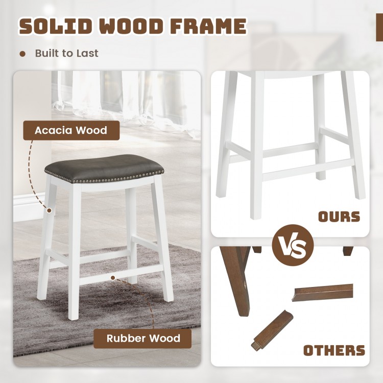 26-inch counter height bar stool with upholstered gray seat, acacia wood frame, and rivet accents for stylish comfort.