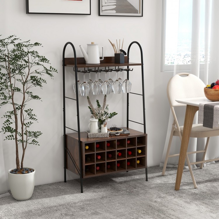 Baker's rack in rustic brown with detachable wine rack, holding 18 bottles and 15 glasses, perfect for kitchen.