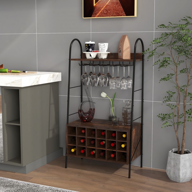 Rustic brown baker's rack with detachable wine rack, holding 18 bottles and 15 glasses, ideal for kitchen or dining.