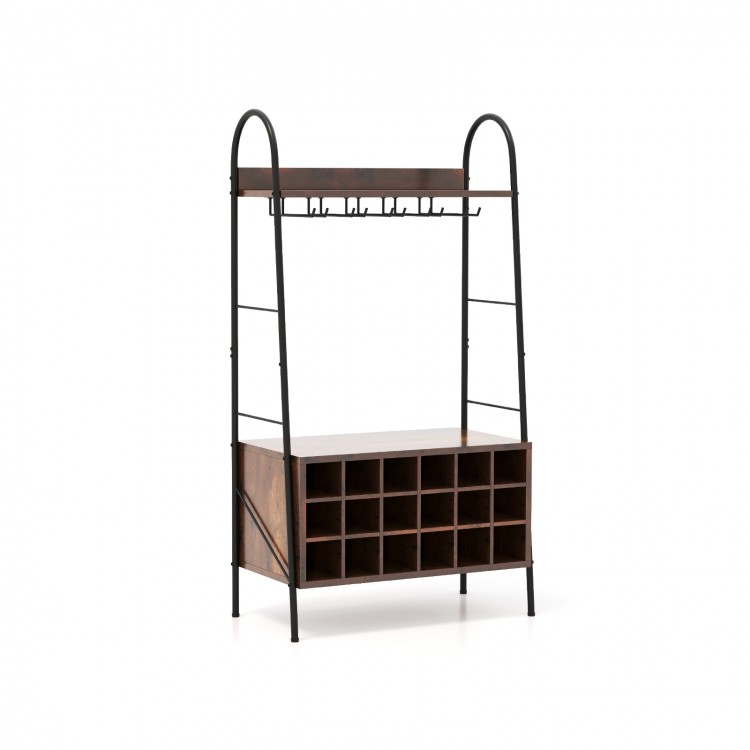 Baker's rack in rustic brown with detachable wine rack, 5 rows for glasses, and sturdy metal frame for kitchen.