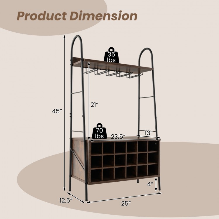 Baker's rack with detachable wine rack, rustic brown finish, featuring storage for 18 bottles and 15 glasses, ideal for.