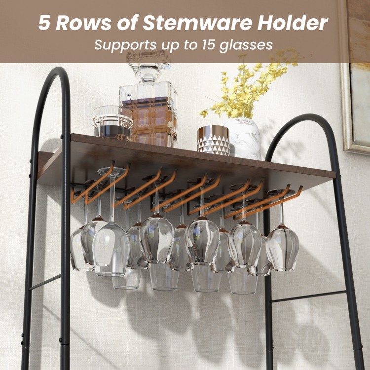 Baker's rack with detachable wine rack, rustic brown, featuring 5 rows for 15 glasses, ideal for kitchen or dining room.