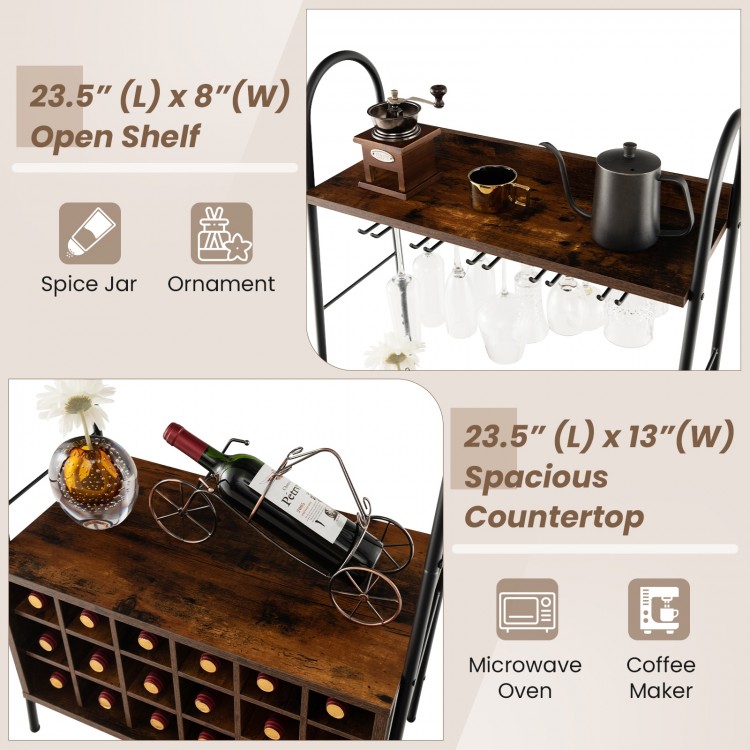 Baker's rack in rustic brown with detachable wine rack, open shelf, and stemware holder for kitchen or dining room use.