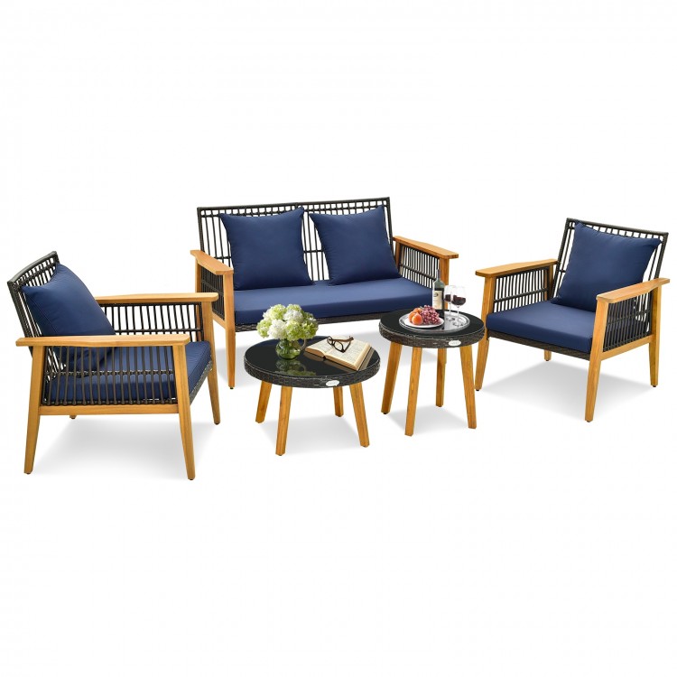 Stylish armchairs with navy cushions and acacia wood frame, designed for outdoor relaxation by the poolside or backyard.