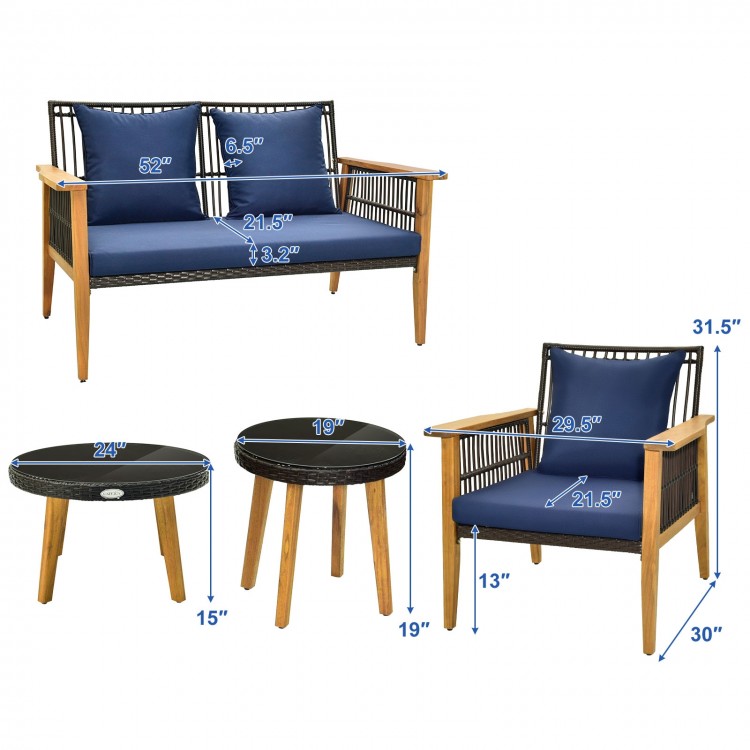 Detailed dimension chart of the 5-piece outdoor conversation set, featuring navy cushions and acacia wood construction.
