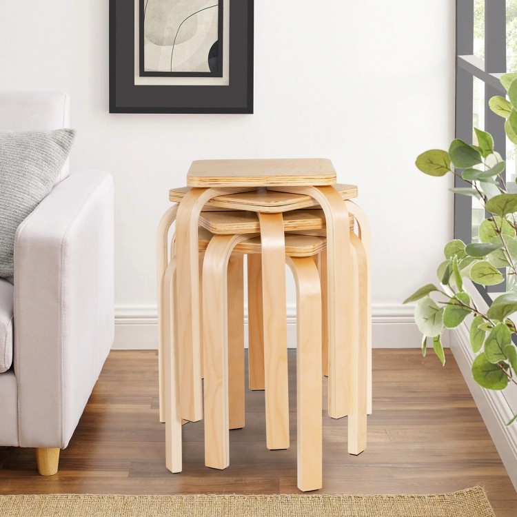 Stackable set of 4 natural stools with square tops and rounded corners, ideal for dining or side table use.