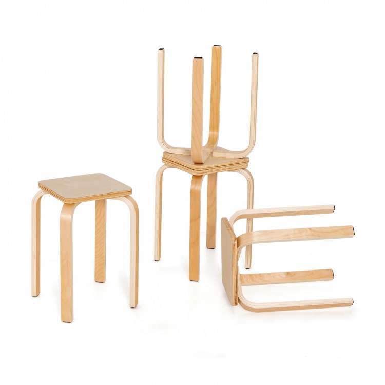 Stackable set of 4 natural wood stools with square tops and rounded corners, ideal for dining or classroom use.