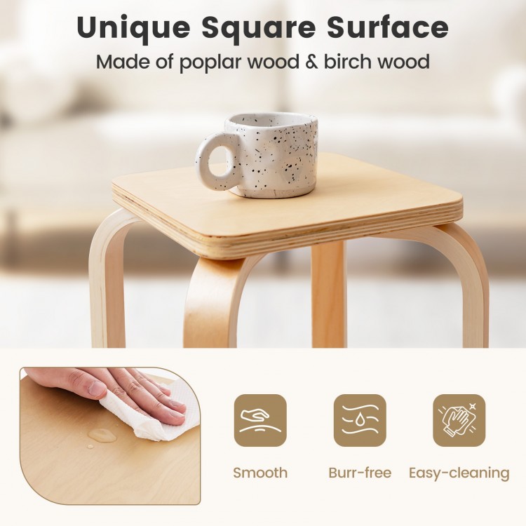 Square top stackable stool made of poplar and birch wood, featuring rounded corners and easy-clean surface for.