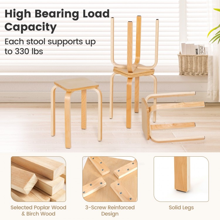 Stackable stools set of 4 in natural wood, featuring rounded corners and sturdy legs, ideal for dining or classroom use.