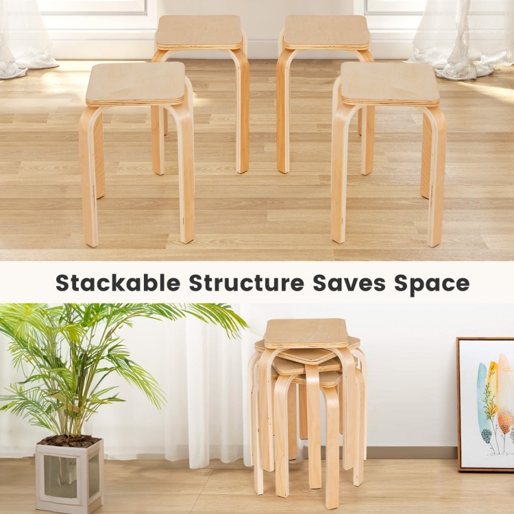 Set of 4 stackable stools with square tops, made of durable poplar and birch wood, ideal for space-saving seating.